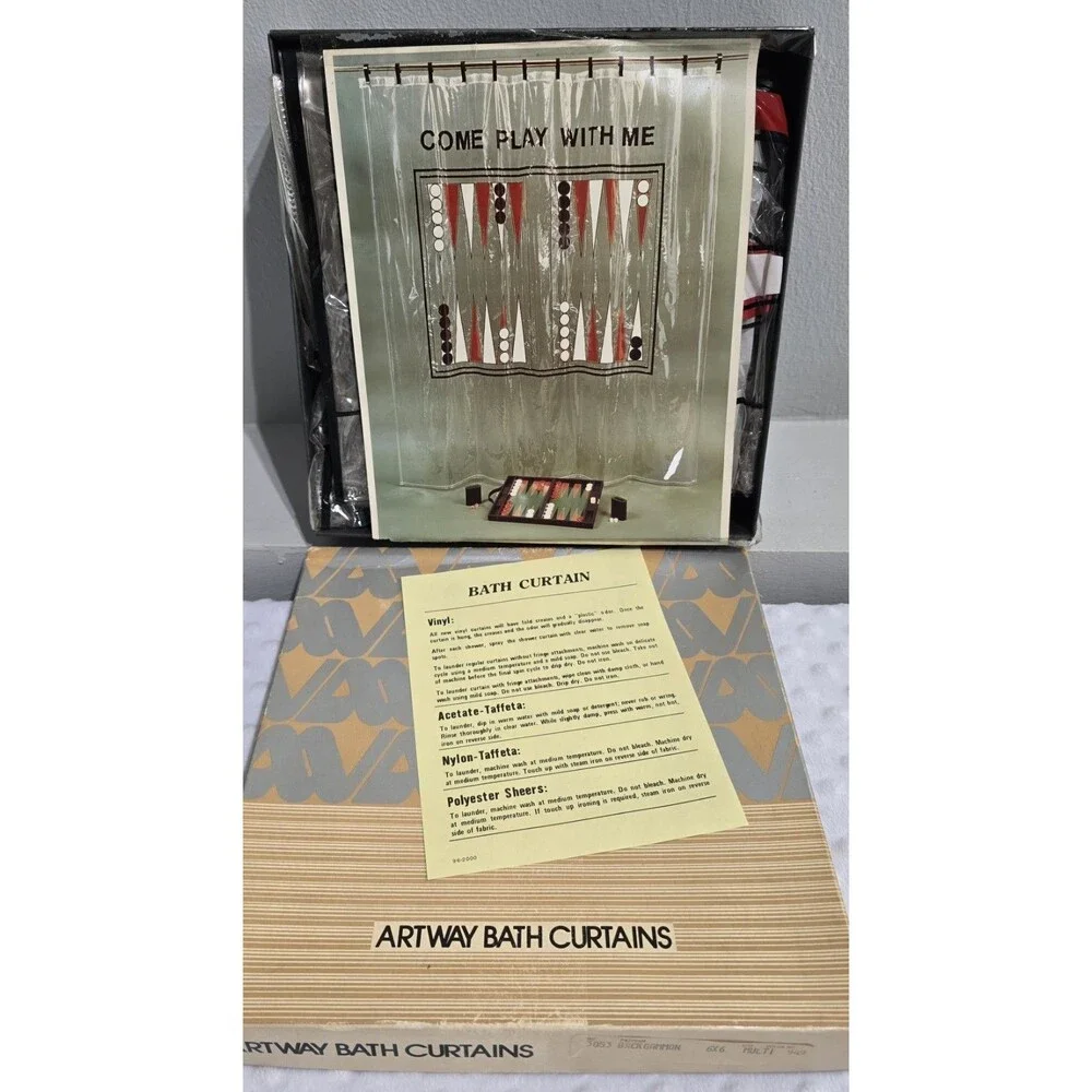 Vintage Shower Curtain New Backgammon USA Made Come Play With Me Original Box